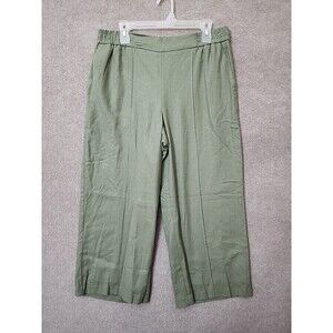 Nine West Pull On Crop Linen Blend Pants Women L Green Pintuck Wide Leg LinedNEW
